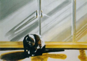 watercolor of a cat bathing in front of cabinet