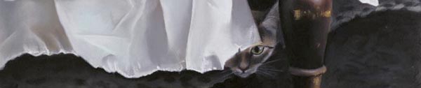 detail of pastel painting of cat under bed