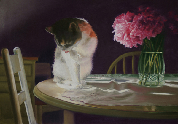 pastel painting of a cat on a table with peonies