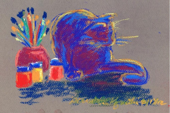 pastel painting of cat with brushes and paints