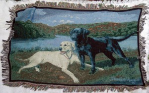 woven cotton blanket with black and yellow labs