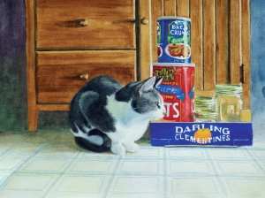 watercolor of a cat in kitchen