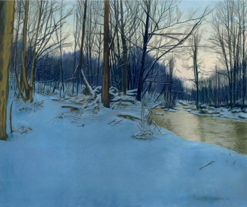 pastel painting of snowy woods with stream at dusk