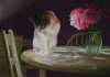 pastel painting of cat on table with peonies