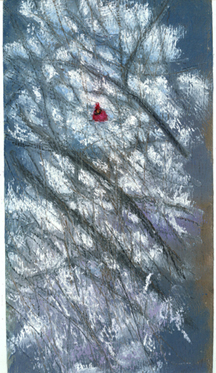 pastel painting of cardinal in snowy branches