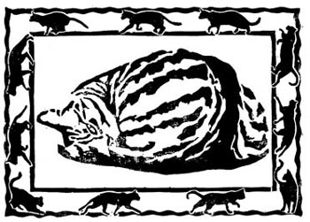block print of a curled tabby cat