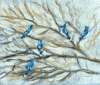 pastel drawing of blue jays in tree