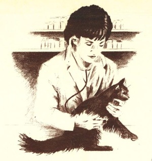 pencil sketch of veterinarian examining a cat