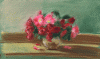 pastel painting of pink and red roses in a vase