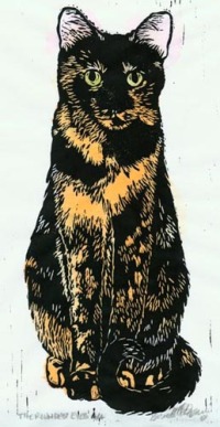linoleum block print of tortoiseshell cat