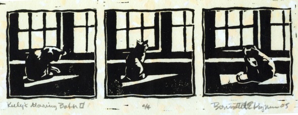 block print of cat bathing in front of window