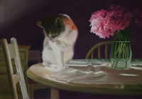 pastel painting of a cat on a table with peonies