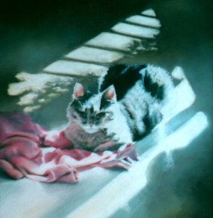 painting of a gray cat with a pink sweater