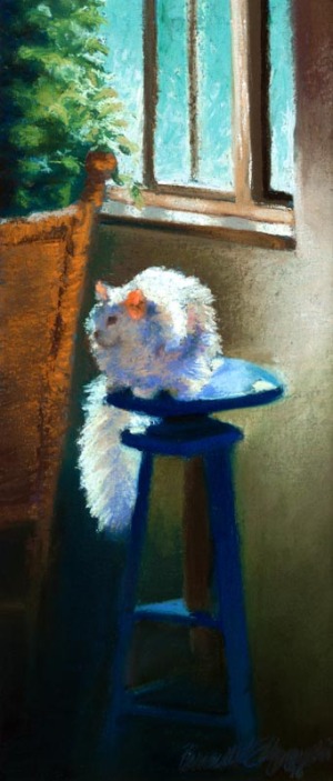 pastel of a white cat on a blue stool