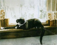 watercolor of cat on windowsill