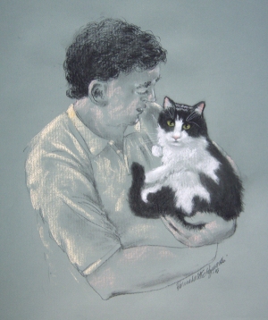 sketch of man holding black and white cat