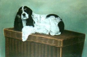 pastel portrait of dog on basket