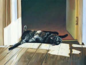 pastel painting of black cat rolling on floor