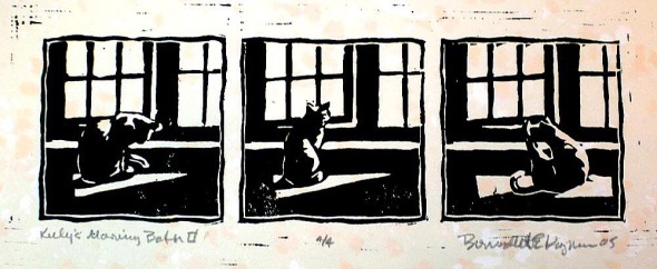 block print of cat in front of window