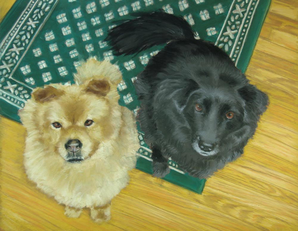 painting of two dogs on rug