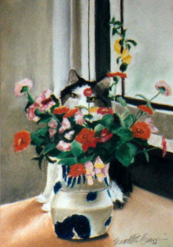 pastel painting of cat with flowers
