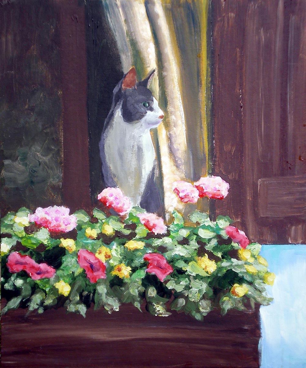 painting of cat with flowers