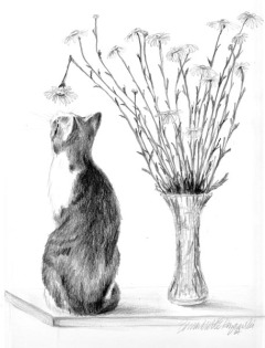 pencil sketch of cat with flowers