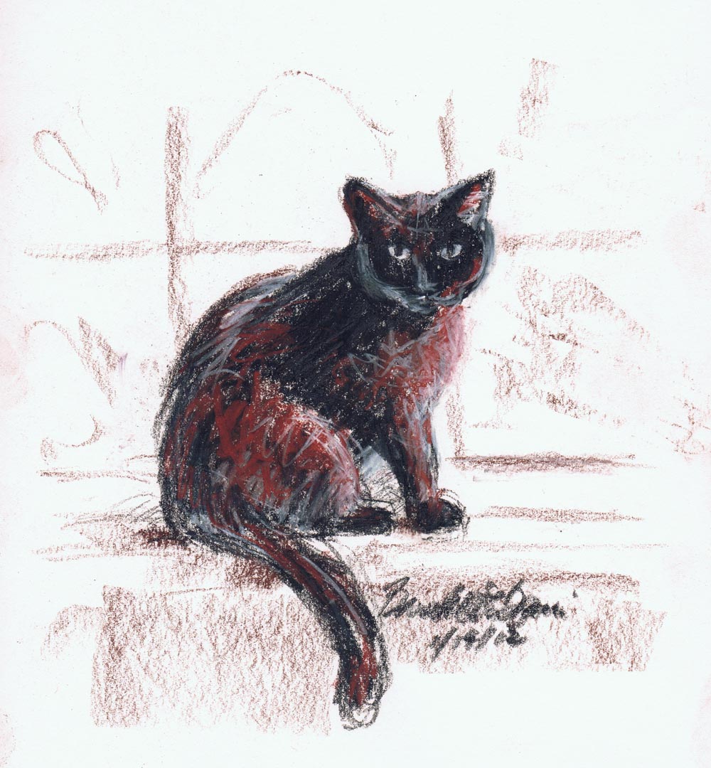 sketch of black cat on windowsill
