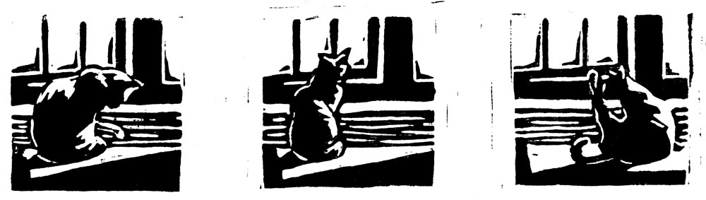 linoleum block print of cat bathing