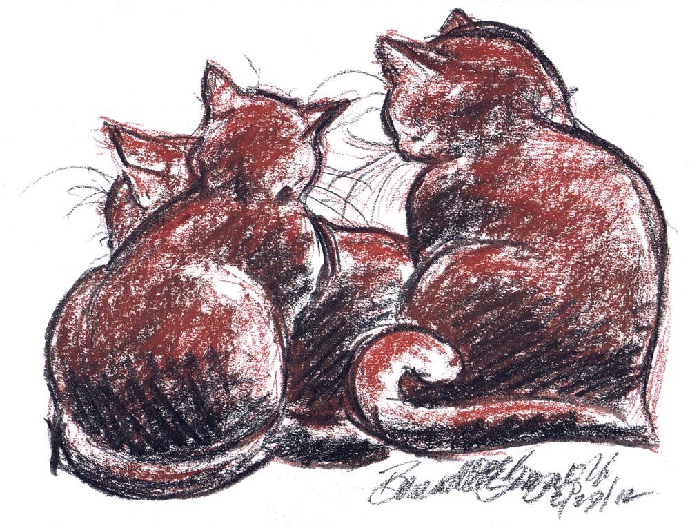 conte sketch of three cats cuddling