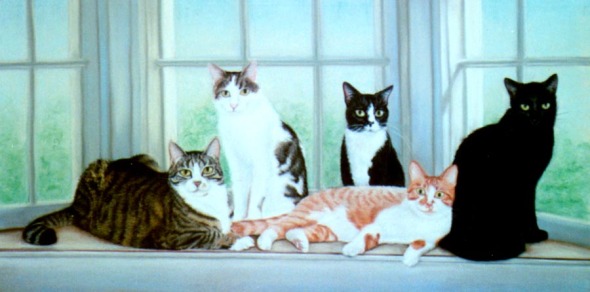 pastel portrait of five cats