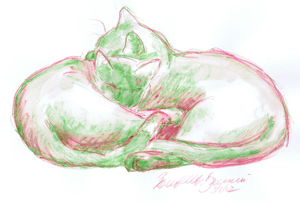 two cats cuddling in red and green watercolor
