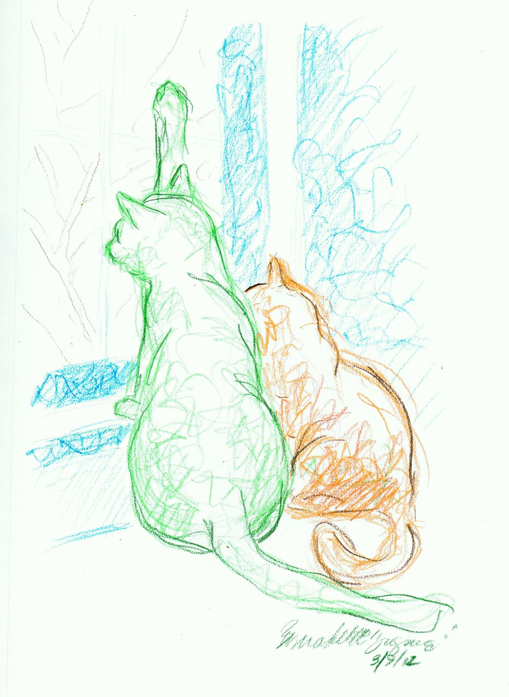 colored pencil sketch of two cats looking out the window