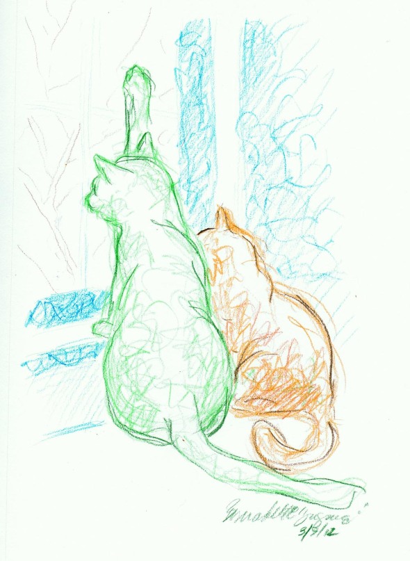 colored pencil sketch of two cats looking out the window