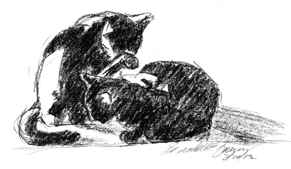 charcoal sketch of two black cats