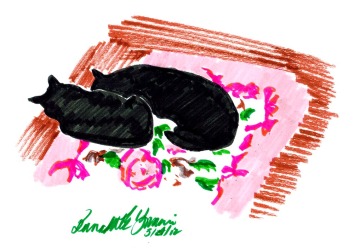 sketch of two black cats on rug