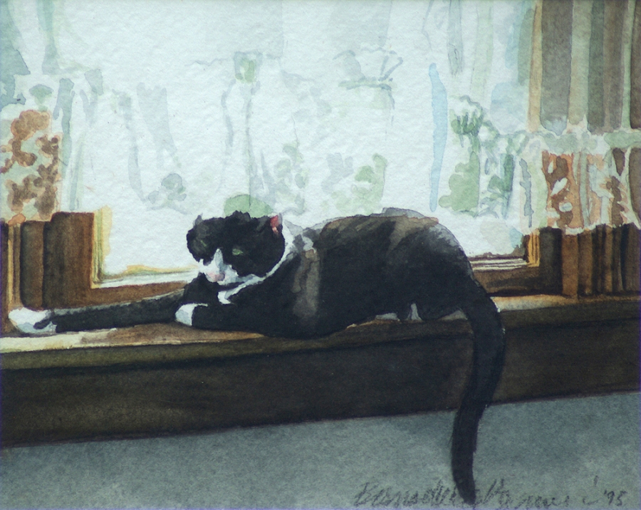 painting of black and white cat on windowsill
