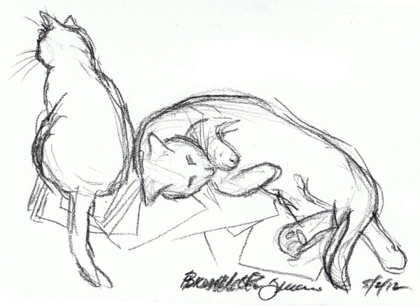 charcoal sketch of two cats